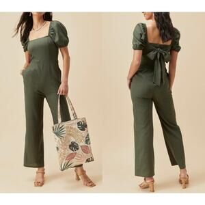 Francesca's Audrey Parks Maisie Puff Sleeve SquareNeck Jumpsuit OliveGreen M NWT